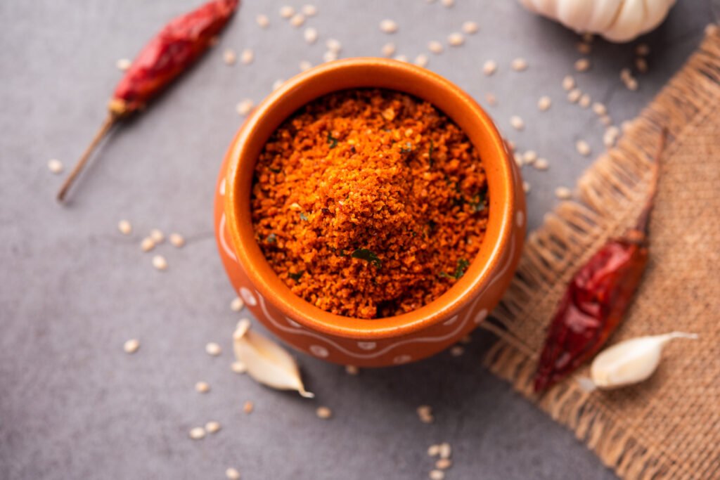 Sesame garlic chilli dry chutney powder, Til Lahsun chutney, Indian side dish or relish